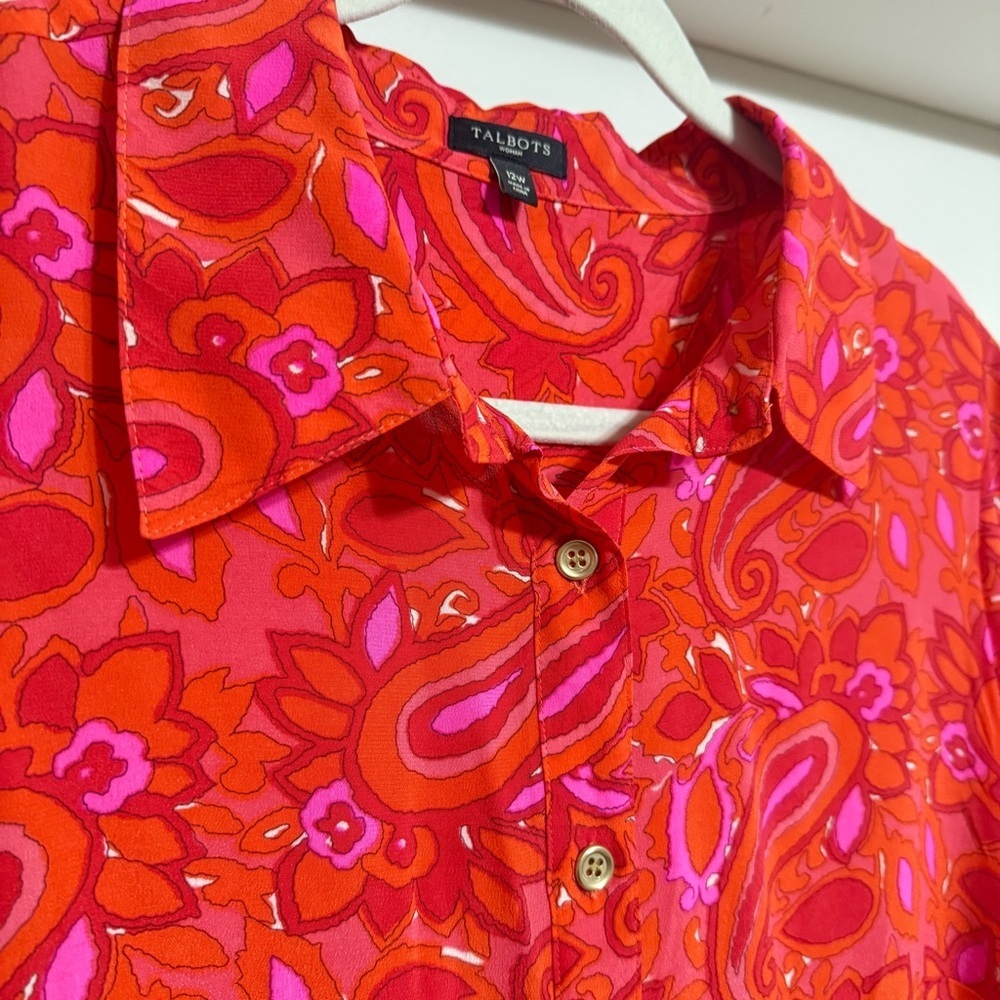 Talbots 100% Silk Paisley Shirt Dress Midi Size 12W Pink Red Orange Coral - Picture 3 of 6